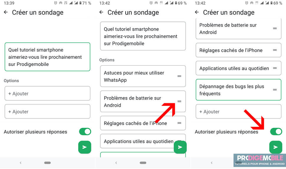 Écran WhatsApp permettant d’ajouter les options de réponse d’un sondage