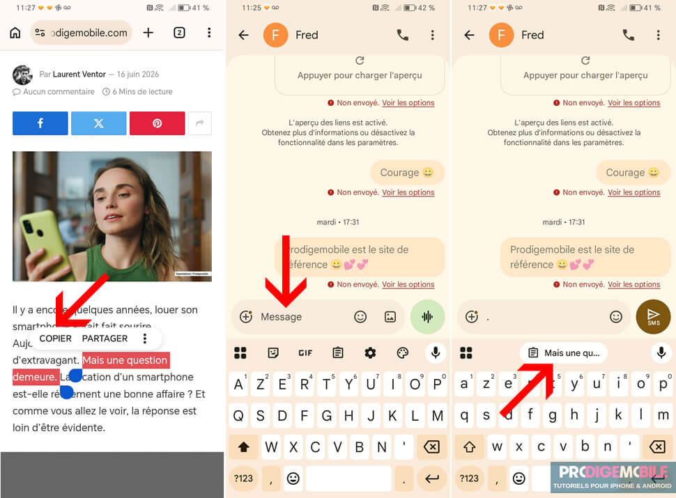 Menu contextuel Android affichant les options Coller et Presse-papier après un appui long