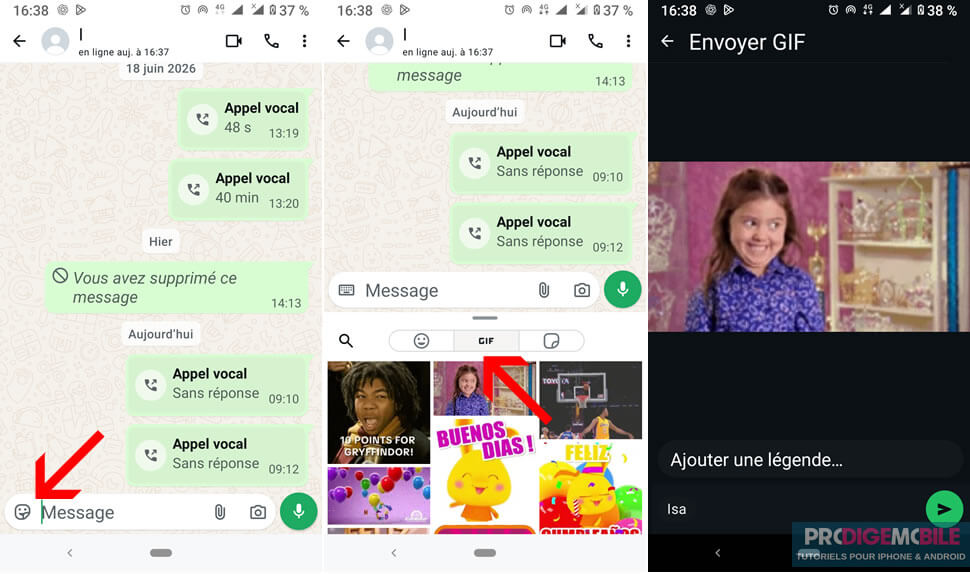 Recherche d’un GIF dans la bibliothèque intégrée de WhatsApp