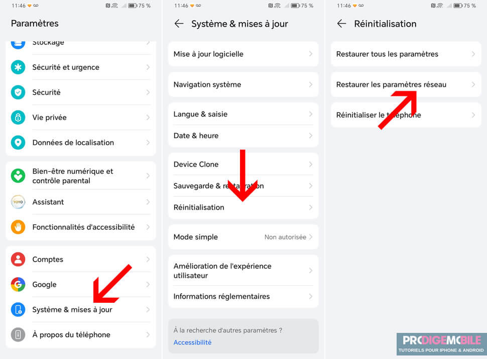 Menu Android permettant de réinitialiser les paramètres réseau