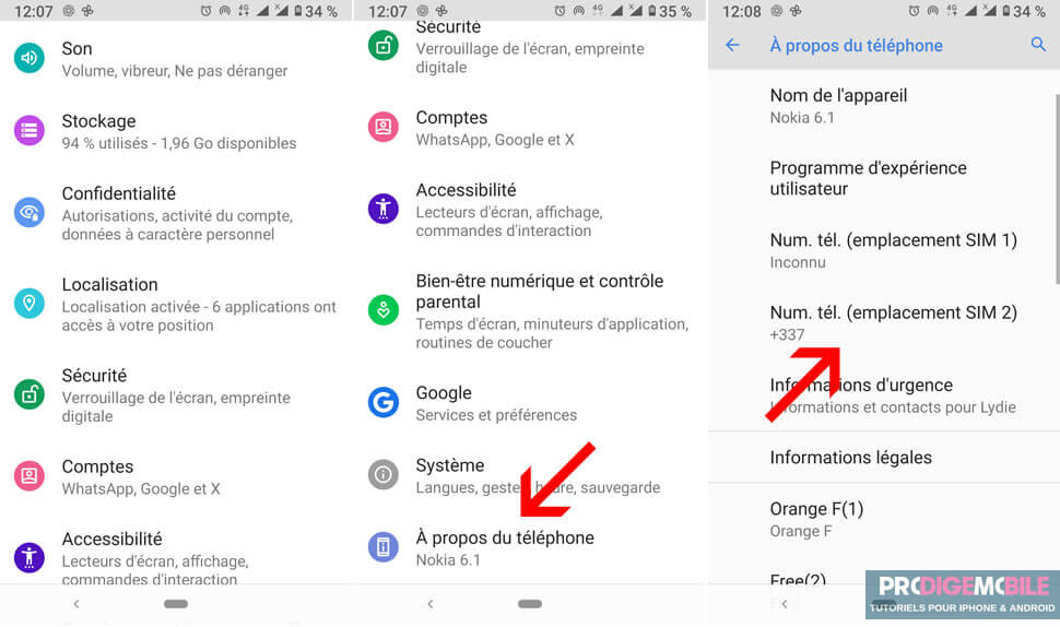 Recherche du numéro de téléphone dans les paramètres d’un smartphone Android