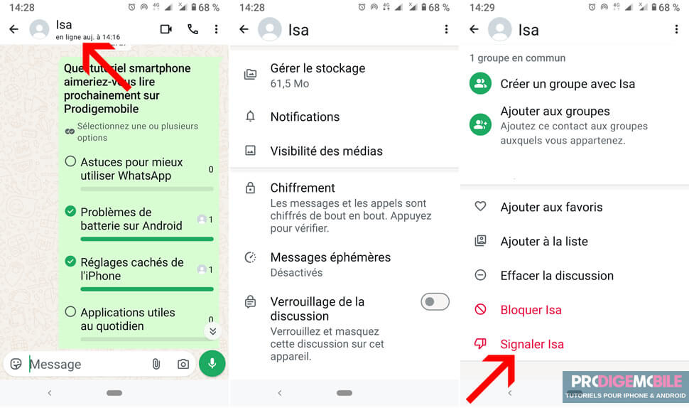 Option permettant de signaler un contact frauduleux sur WhatsApp