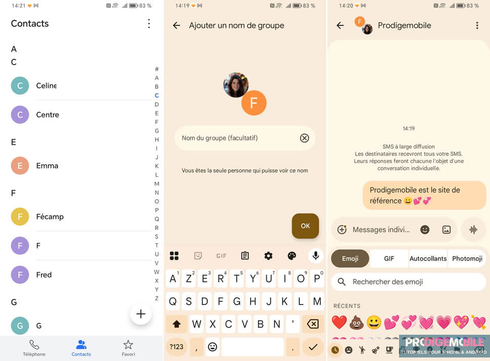 Application Google Messages ouverte sur un téléphone Android avec plusieurs destinataires ajoutés