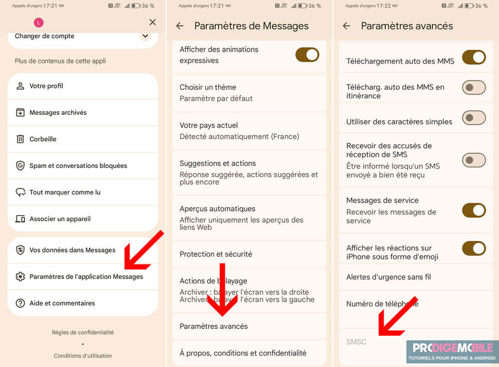 Numéro du centre SMS Free Mobile configuré dans les paramètres de messagerie